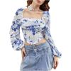 image:imageMakeMeChic Womens Floral Blouse Long Sleeve Crop Top Square Neck Back Zipper Going Out TopsBlue and White