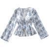 image:imageMakeMeChic Womens Floral Crop Tops V Neck Tie Front Ruffle Hem Long Sleeve Peplum BlouseBlue and White