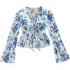 image:imageMakeMeChic Womens Floral Crop Tops V Neck Tie Front Ruffle Hem Long Sleeve Peplum BlouseBlue and White B
