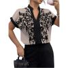 image:imageMakeMeChic Womens Floral Notched Blouse Contrast Binding Short Sleeve Work Dressy TopsGrey