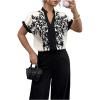 image:imageMakeMeChic Womens Floral Notched Blouse Contrast Binding Short Sleeve Work Dressy TopsMulticolor