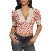 image:imageMakeMeChic Womens Floral Print Crop Tops Lace V Neck Puff Short Sleeve Blouses ShirtsRed