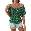 image:imageMakeMeChic Womens Floral Square Neck Tops Puff Sleeve Ruffle Hem Shirred Summer Blouses ShirtsGreen