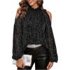 image:imageMakeMeChic Womens Glitter Cold Shoulder Blouse Long Sleeve Mock Neck Mesh Sheer Party TopBlack
