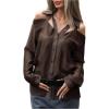 image:imageMakeMeChic Womens Going Out Cold Shoulder Button Down Shirt Cut Out Long Sleeve Blouse TopsCoffee Brown