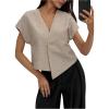 image:imageMakeMeChic Womens Going Out Tops V Neck Short Sleeve Work Tops Blouse Single Button Summer Teacher OutfitsKhaki