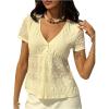 image:imageMakeMeChic Womens Lace V Neck Blouse Button Jacquard Ruffle Short Sleeve Summer Shirt TopsApricot