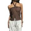 image:imageMakeMeChic Womens Metal Decor Halter Crop Tops Tie Back Ruched Split Sleeveless TankCoffee Brown
