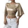 image:imageMakeMeChic Womens Metallic Crew Neck Blouse Open Back Bell Sleeve Party Y2K Crop TopsGold