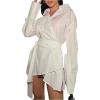 image:imageMakeMeChic Womens Mini Shirt Dresses Botton Tie Waist Long Sleeve Collar Tunic Blouse 2025White