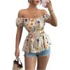image:imageMakeMeChic Womens Off The Shoulder Blouse Floral Cut Out Ruffle Short Sleeve Summer TopsMulticolor