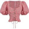 image:imageMakeMeChic Womens Plaid Gingham Crop Tops Puff Sleeve Sweetheart Lace Up BlouseRed and White