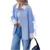 image:imageMakeMeChic Womens Striped Bow Button Down Shirt Collared Long Sleeve Blouse TopBlue