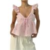 image:imageMakeMeChic Womens Striped Bow Ruffle Sleeve Blouse Sweetheart Tie Front Peplum Shirred TopsPink