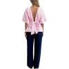 image:imageMakeMeChic Womens Striped Bow Tie Open Back Blouse Half Sleeve Ruffle Dressy Shirt TopsPink