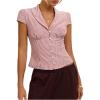 image:imageMakeMeChic Womens Striped Button Down Shirt Cap Sleeve Collared Fitted Blouse TopsMulticolor