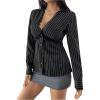 image:imageMakeMeChic Womens Striped Lace Trim Collar V Neck Button Down Shirt Blouse TopsBlack