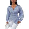 image:imageMakeMeChic Womens Striped Wrap Blouse Top Long Sleeve Asymmetrical Hem Collared Shirt Work TopsBlue