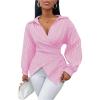 image:imageMakeMeChic Womens Striped Wrap Blouse Top Long Sleeve Asymmetrical Hem Collared Shirt Work TopsPink