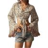 image:imageMakeMeChic Womens Summer Bell Sleeve Floral Tops Wrap V Neck Blouse Tie Front Boho Crop TopsApricot