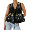 image:imageMakeMeChic Womens Summer Floral Boho Tops V Neck Tie Front Blouse Sleeveless Ruffle Hem ShirtBlack