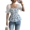 image:imageMakeMeChic Womens Summer Floral Tops Puff Sleeve Blouse Square Neck Ruffle Shirred ShirtBlue