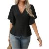 image:imageMakeMeChic Womens Summer Tops Button Down Blouses Dressy Business Casual Outfits V Neck Flare Sleeve Tunic ShirtsBlack