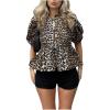 image:imageMakeMeChic Womens Tie Front Lantern Short Sleeve Tops Crew Neck Ruffle Blouse ShirtsLeopard Brown