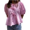 image:imageMakeMeChic Womens Tie Front Lantern Short Sleeve Tops Crew Neck Ruffle Blouse ShirtsPalid Pink