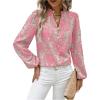 image:imageMakeMeChic Womens Tribal Print Notched Blouse Lantern Sleeve Work Dressy TopsPink