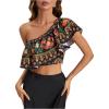 image:imageMakeMeChic Womens Tropical Print One Shoulder Blouse Ruffle Sleeveless Summer Asymmetrical TopsMulticolor