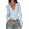 image:imageMakeMeChic Womens V Neck Button Down Shirt Long Sleeve Collared Dressy Blouse TopsBlue