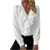 image:imageMakeMeChic Womens V Neck Puff Sleeve Ruffle Trim Button Front Blouse Shirt TopsWhite