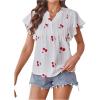 image:imageMakeMeChic Womens Valentines Cherry Print Pleated Blouse Notch V Neck Cap Sleeve Summer Shirt TopsMulticolor