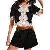 image:imageMakeMeChic Womens Vintage Lace V Neck Blouse Button Down Shirt Short Sleeve Crop TopsBlack