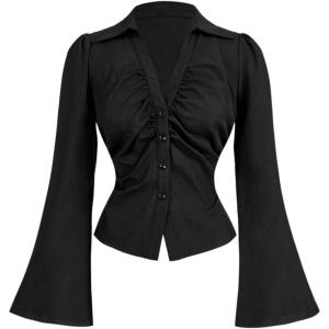 image:imageMakeMeChic Womens Bell Sleeve Button Down Shirt V Neck Ruched Collared Work Blouse TopsBlack