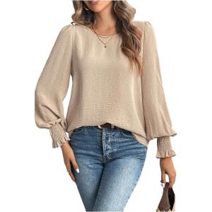 image:imageMakeMeChic Womens Bell Sleeve Frill Trim Shirred Crew Neck Office Shirt Blouse TopsApricot