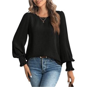 image:imageMakeMeChic Womens Bell Sleeve Frill Trim Shirred Crew Neck Office Shirt Blouse TopsBlack