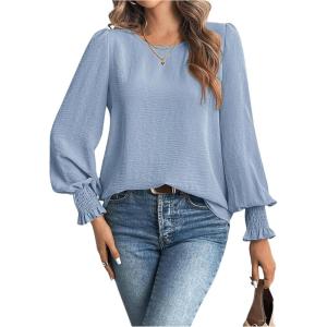 image:imageMakeMeChic Womens Bell Sleeve Frill Trim Shirred Crew Neck Office Shirt Blouse TopsBlue