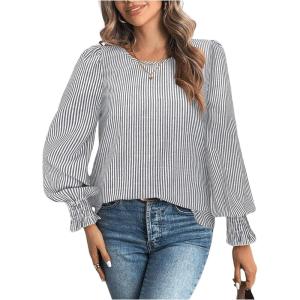 image:imageMakeMeChic Womens Bell Sleeve Frill Trim Shirred Crew Neck Office Shirt Blouse TopsGrey