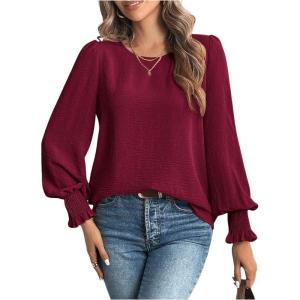 image:imageMakeMeChic Womens Bell Sleeve Frill Trim Shirred Crew Neck Office Shirt Blouse TopsMaroon