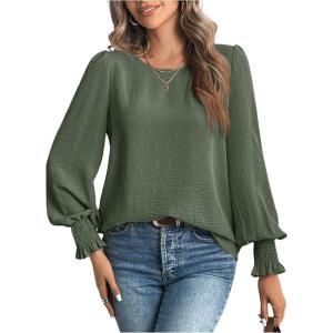 image:imageMakeMeChic Womens Bell Sleeve Frill Trim Shirred Crew Neck Office Shirt Blouse TopsOlive Green