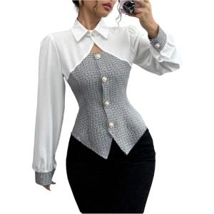 image:imageMakeMeChic Womens Blouses Button Down Shirt Cut Out Long Sleeve Tweed Work Office Tops Fall ClothesBlack and White