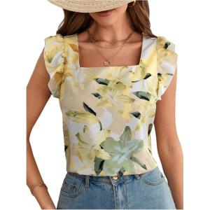 image:imageMakeMeChic Womens Blouses Floral Ruffle Cap Sleeve Square Neck Summer Shirt TopsMulticolor