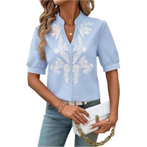image:imageMakeMeChic Womens Boho Blouses Floral Embroidery Notched Short Sleeve Going Out TopsBlue