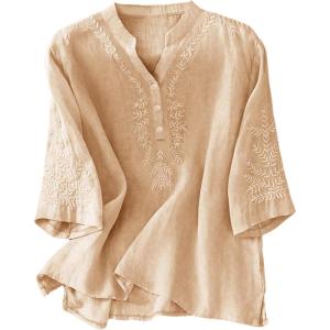 image:imageMakeMeChic Womens Boho Blouses Notch V Neck Embroidery 34 Sleeve Shirt TopsApricot