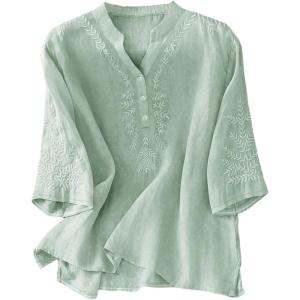 image:imageMakeMeChic Womens Boho Blouses Notch V Neck Embroidery 34 Sleeve Shirt TopsMint Green