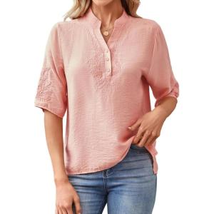 image:imageMakeMeChic Womens Boho Blouses Notch V Neck Embroidery 34 Sleeve Shirt TopsPink