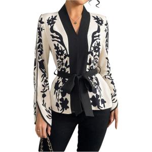 image:imageMakeMeChic Womens Boho Tops Floral Bell Sleeve Tie Front Blouse V Neck Belted Work Dressy ShirtApricot