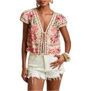 image:imageMakeMeChic Womens Boho Tops Summer Floral Deep V Neck Tie Front BlouseMulticolor